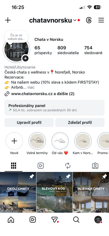 Instagramový profil Chaty v Norsku